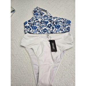 Floral Blue One-Shoulder Top & White Bikini bottom Set Size Large